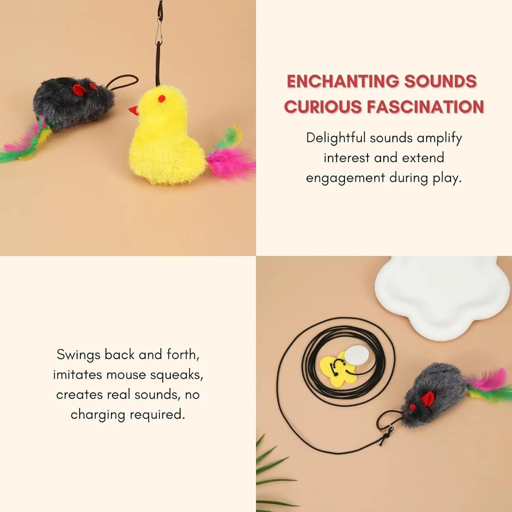Grey and yellow interactive cat teaser toy with retractable rope, treat bulb, and dangling mouse, hanging from a door frame.