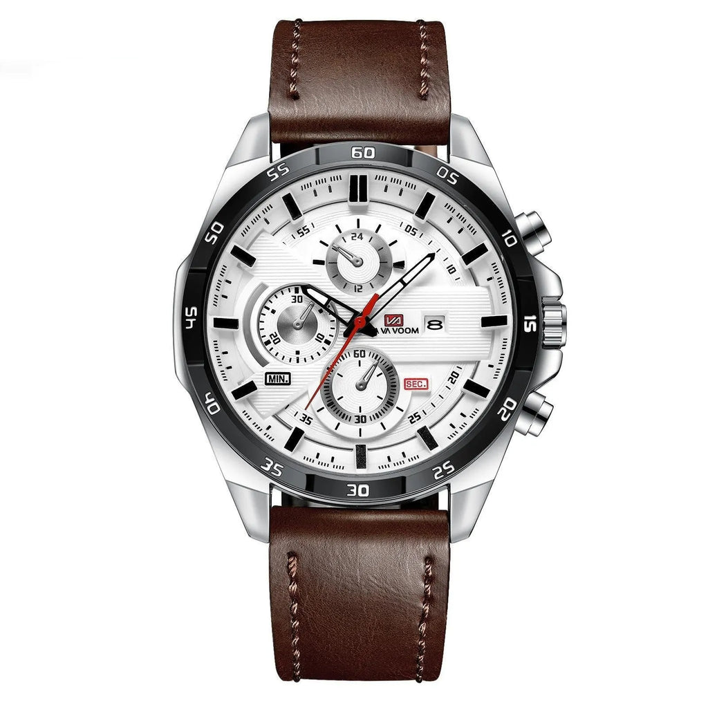 Men's casual quartz watch with business calendar function showing multiple colour options including black belt rose gold and brown belt silver