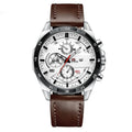 Men's casual quartz watch with business calendar function showing multiple colour options including black belt rose gold and brown belt silver