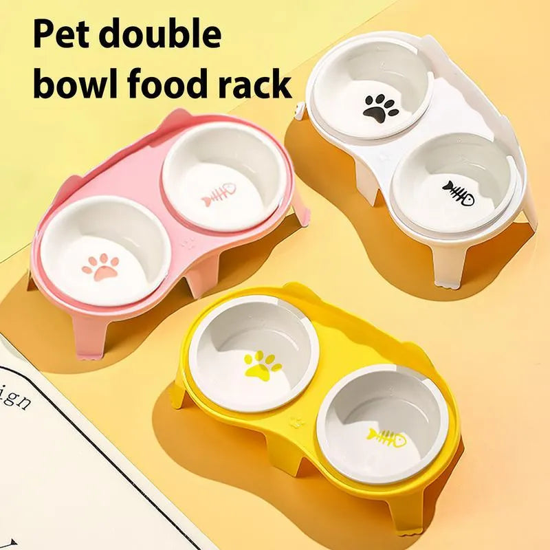 Ceramic cat food and water bowl set with elevated tilted stand in blue, pink, white, or yellow