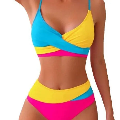 Colour contrast bikini set with yellow top and blue briefs, polyester lining, female swimwear