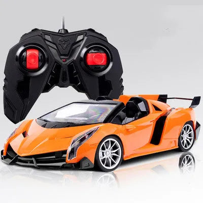1:16 scale blue remote control racing car with LED lights and airflow line body on a surface
