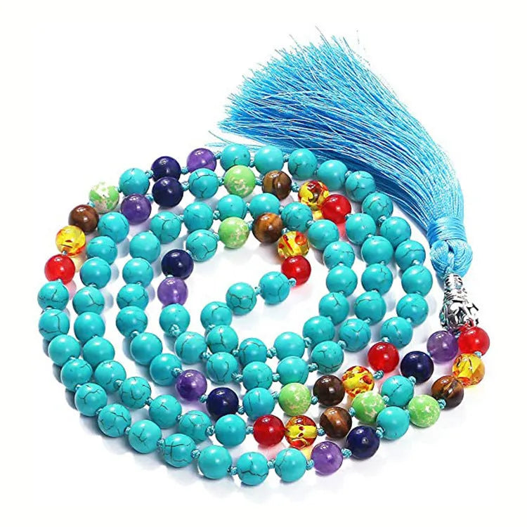 Long geometric agate tassel necklace showing colour options like Indian agate and lapis lazuli on a model.