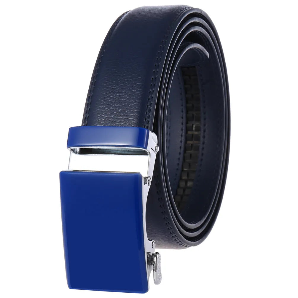 Men's automatic buckle belt in cowhide leather with lightweight body, available in black, blue, brown, khaki, red, white, 110-130cm lengths