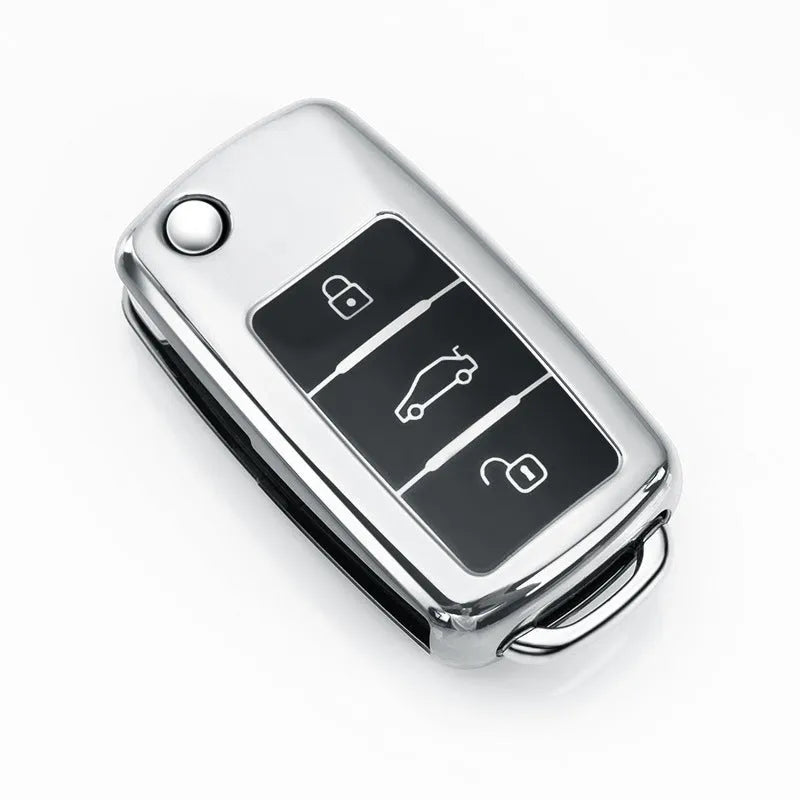TPU protective car key case with buckle for VW Model A folding remote in blue, pink, red, and silver colours.
