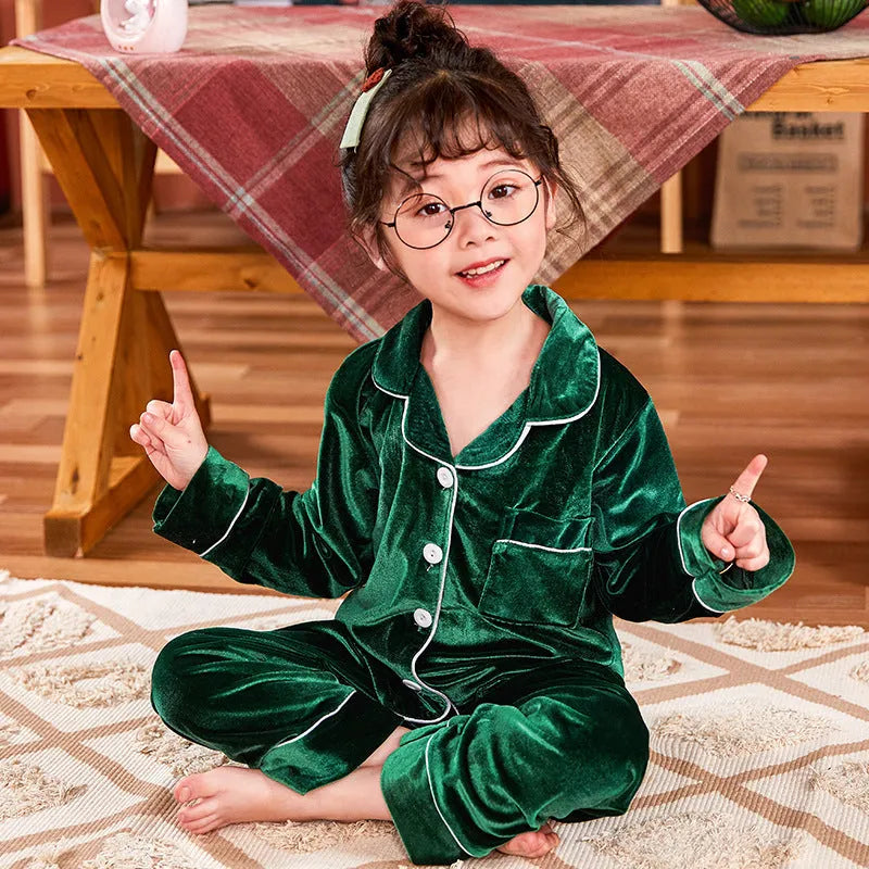 Children's gold velvet solid color pajamas set in cotton, 7 colours, sizes 6-18