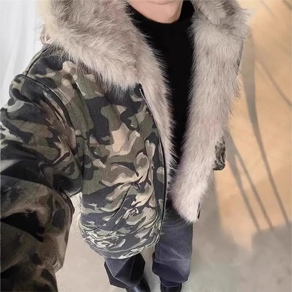Men's retro washed camouflage fur collar hood jacket with cotton filling, loose fit, polyester outer