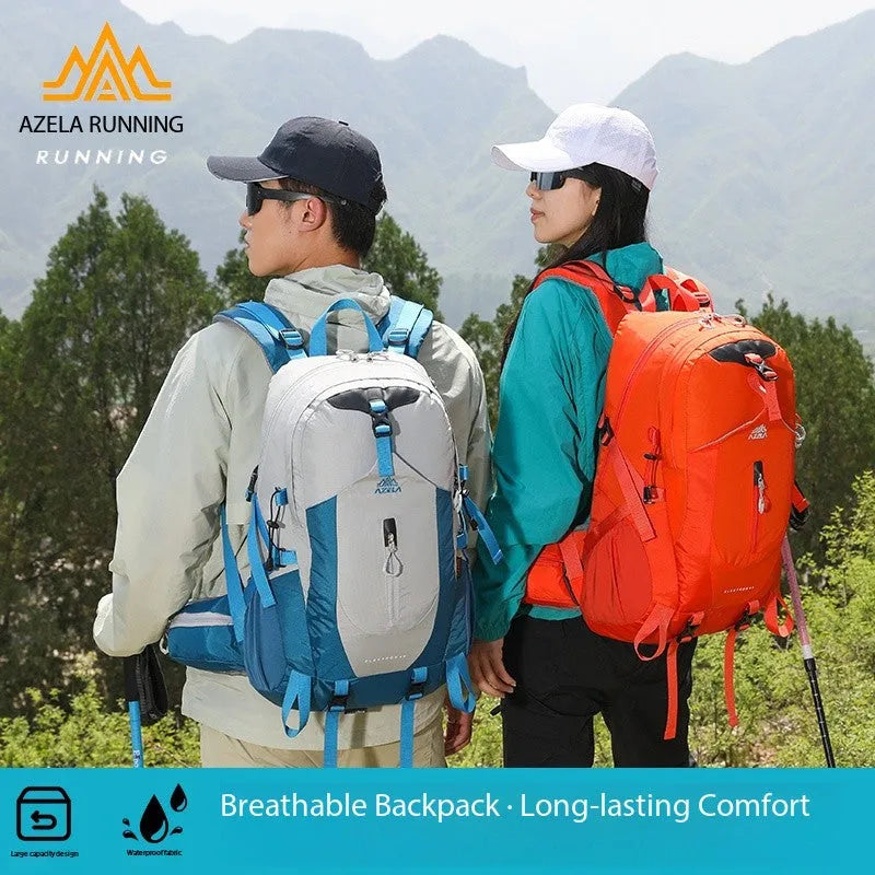 AZELA Electron 40L hiking backpack in white and navy, multiple compartments, adjustable straps, outdoor camping, daypack