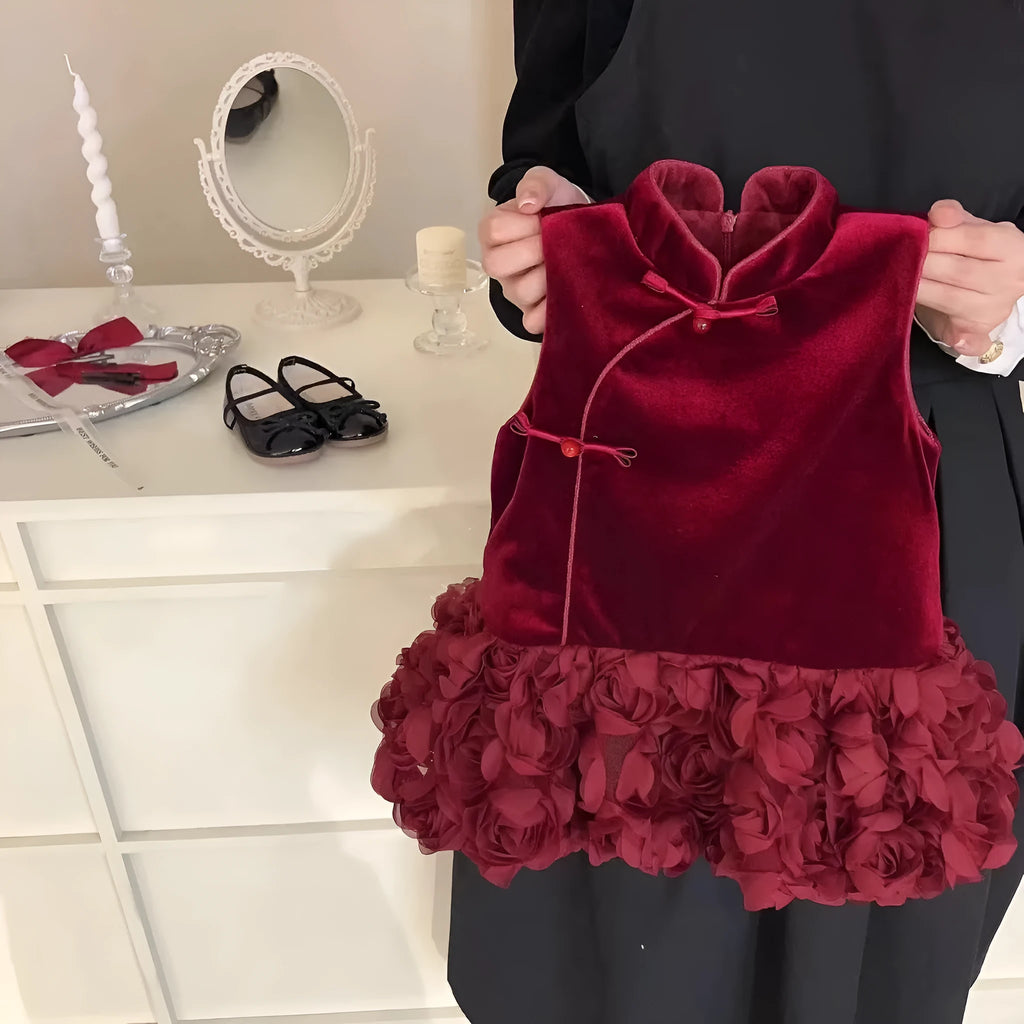Girls' fashion velvet padded cheongsam dress with floral pattern in bud skirt colour for heights 80-140cm