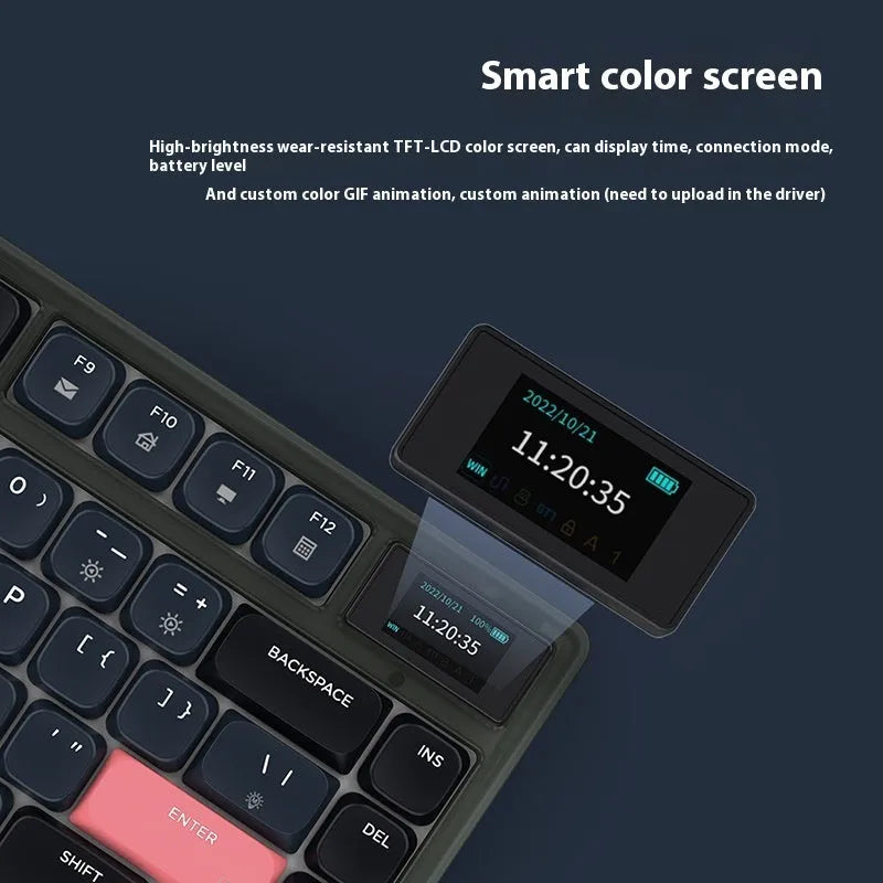 Ajazz AK832PRO green three-mode mechanical keyboard with colour screen on a desk.