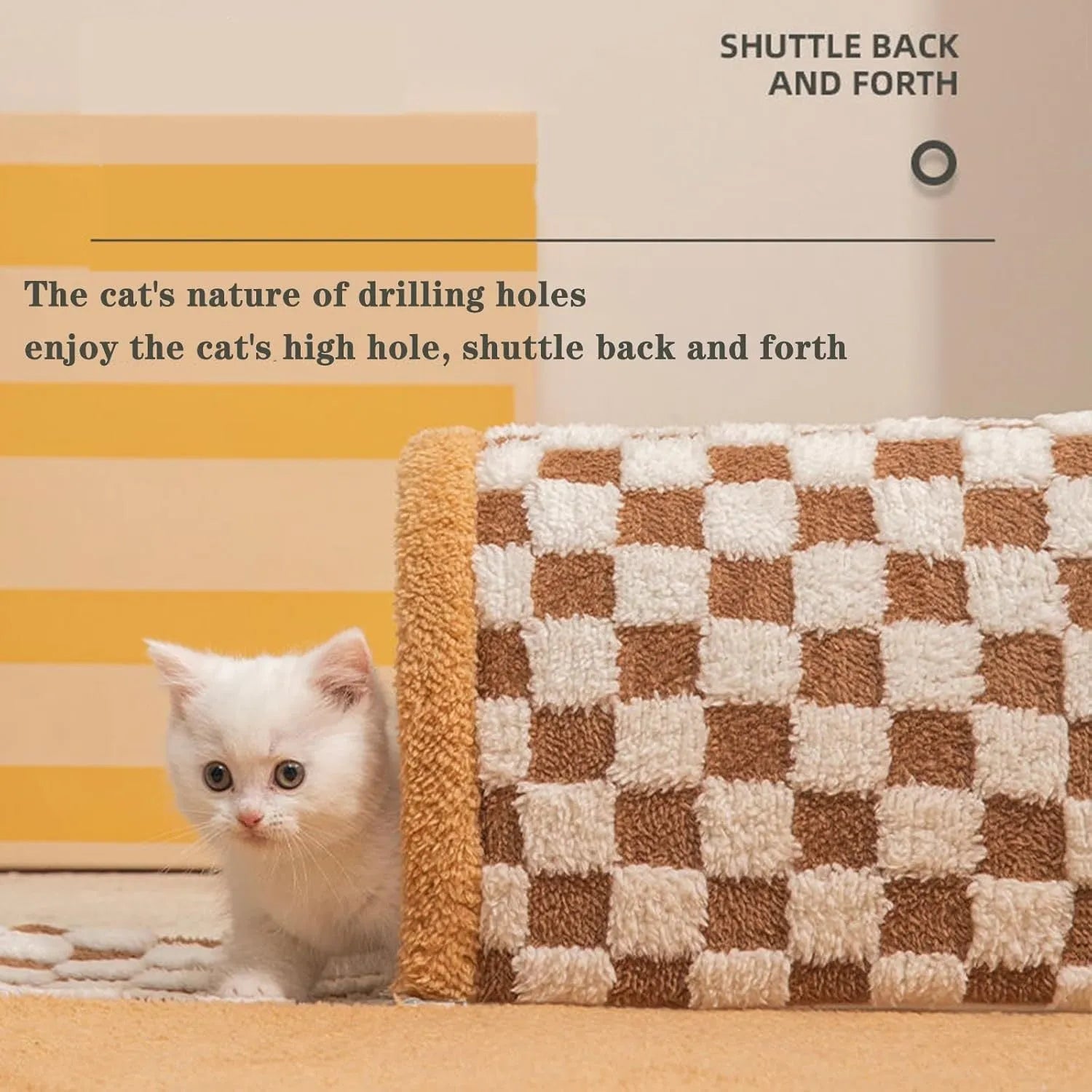 Brown plush plaid cat tunnel bed with a non-slip base on a wooden floor.