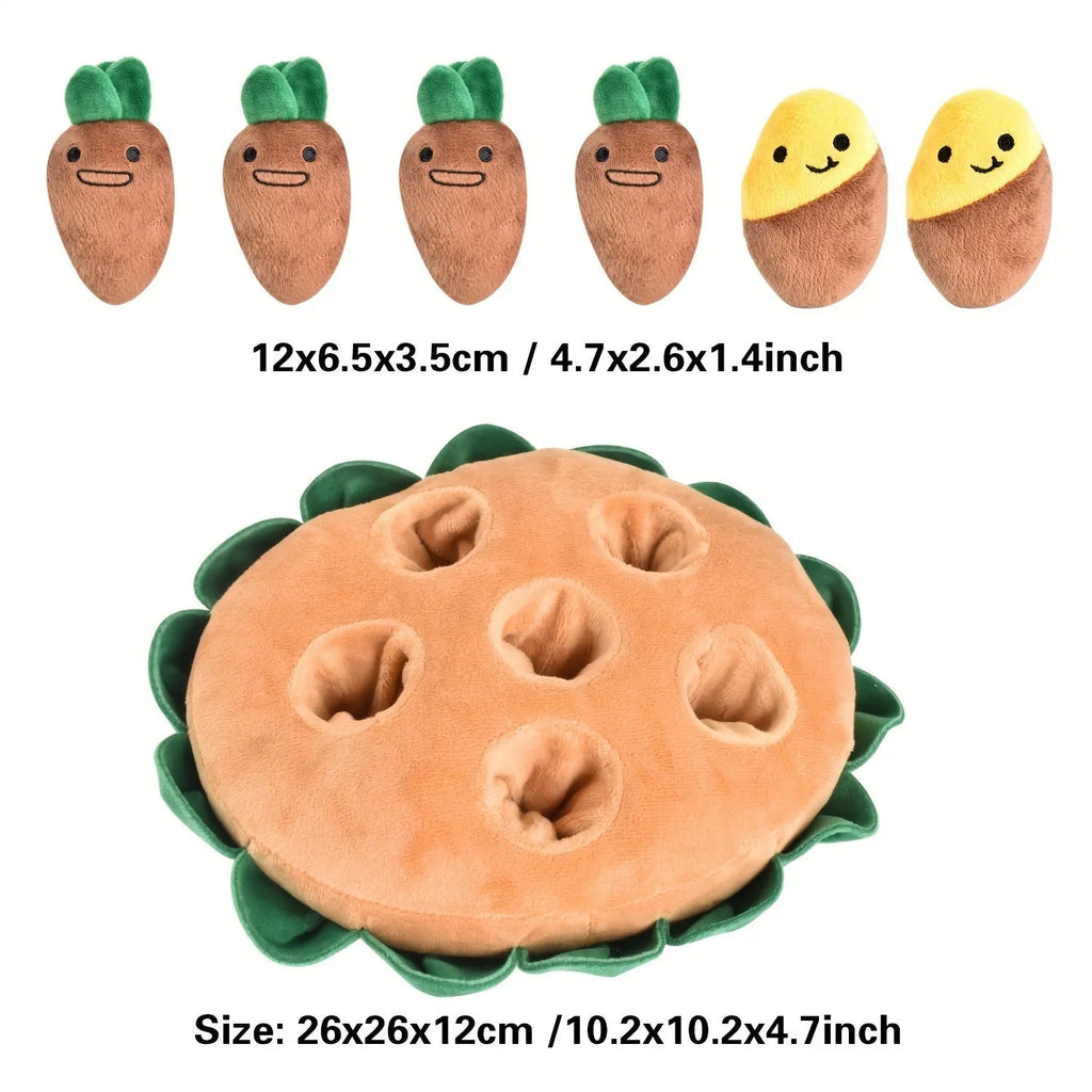 Yellow interactive dog puzzle toys with removable squeaky plush on polyester foraging mats