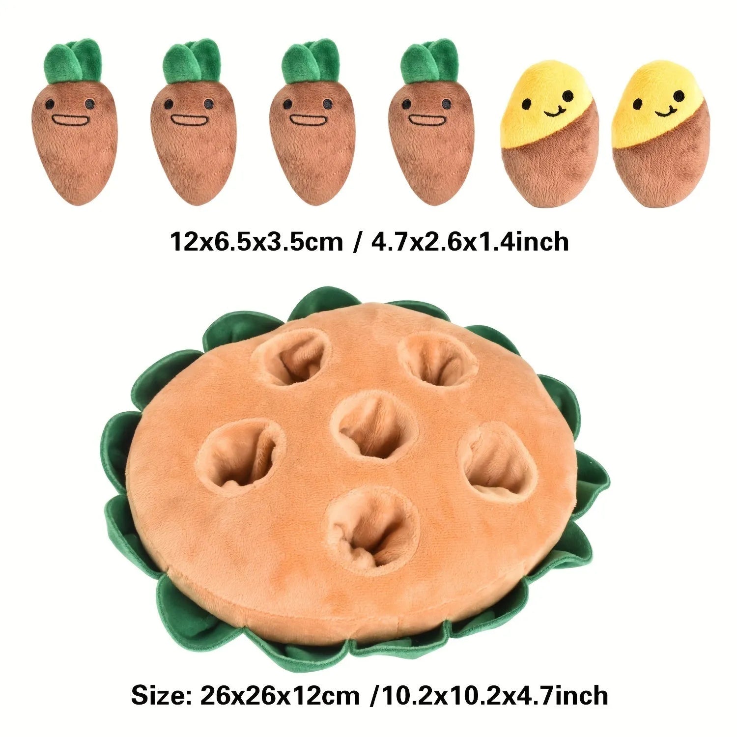Yellow interactive dog puzzle toys with removable squeaky plush on polyester foraging mats