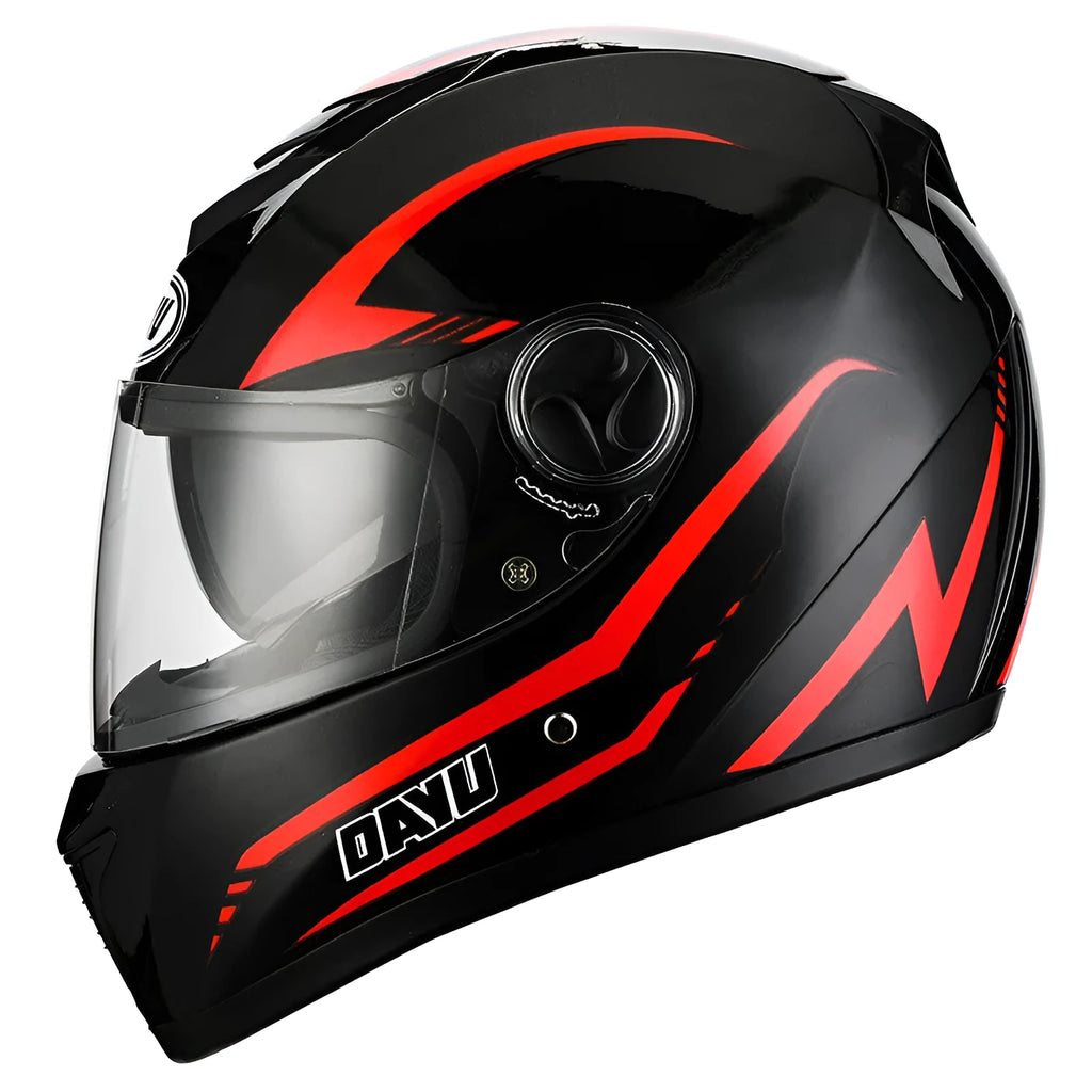 Motorcycle helmet with double lens, black and red pattern, engineering plastic shell, three sizes L M XL