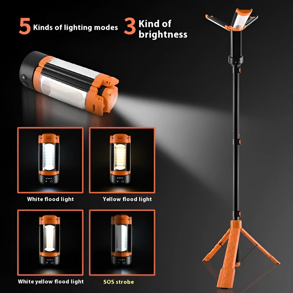 Retractable folding charging camping lantern with bracket in black and orange for outdoor lighting