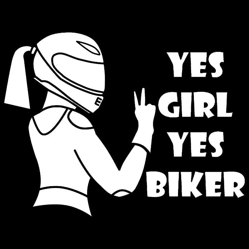 Cool girl rider design car sticker in black, white, and laser colours, 16cm by 15cm.