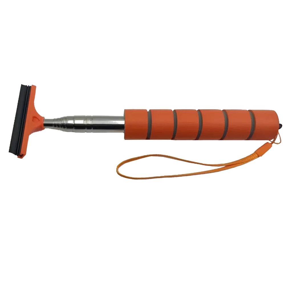 Retractable stainless steel car wiper with rubber blade, shown extended and in black, blue, green, orange, and pink colours.