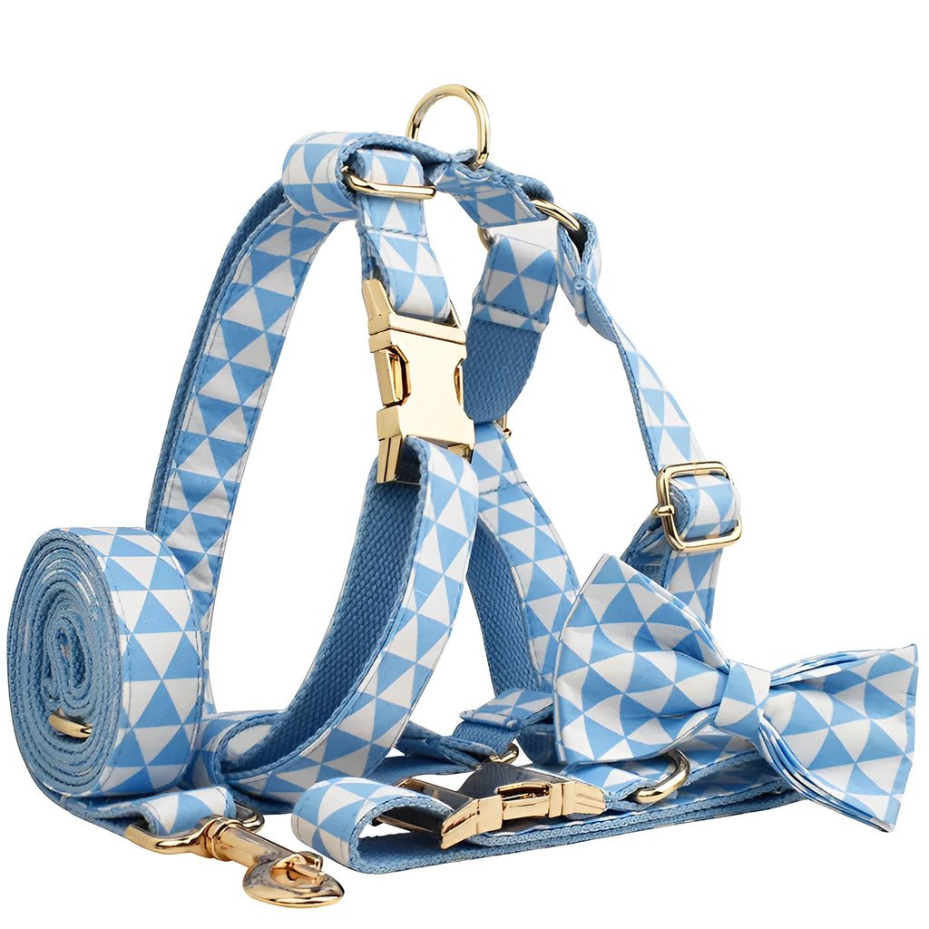 Blue cloth dog collar, leash, bow, and vest four-piece pet accessory set with triangular ring rope design.