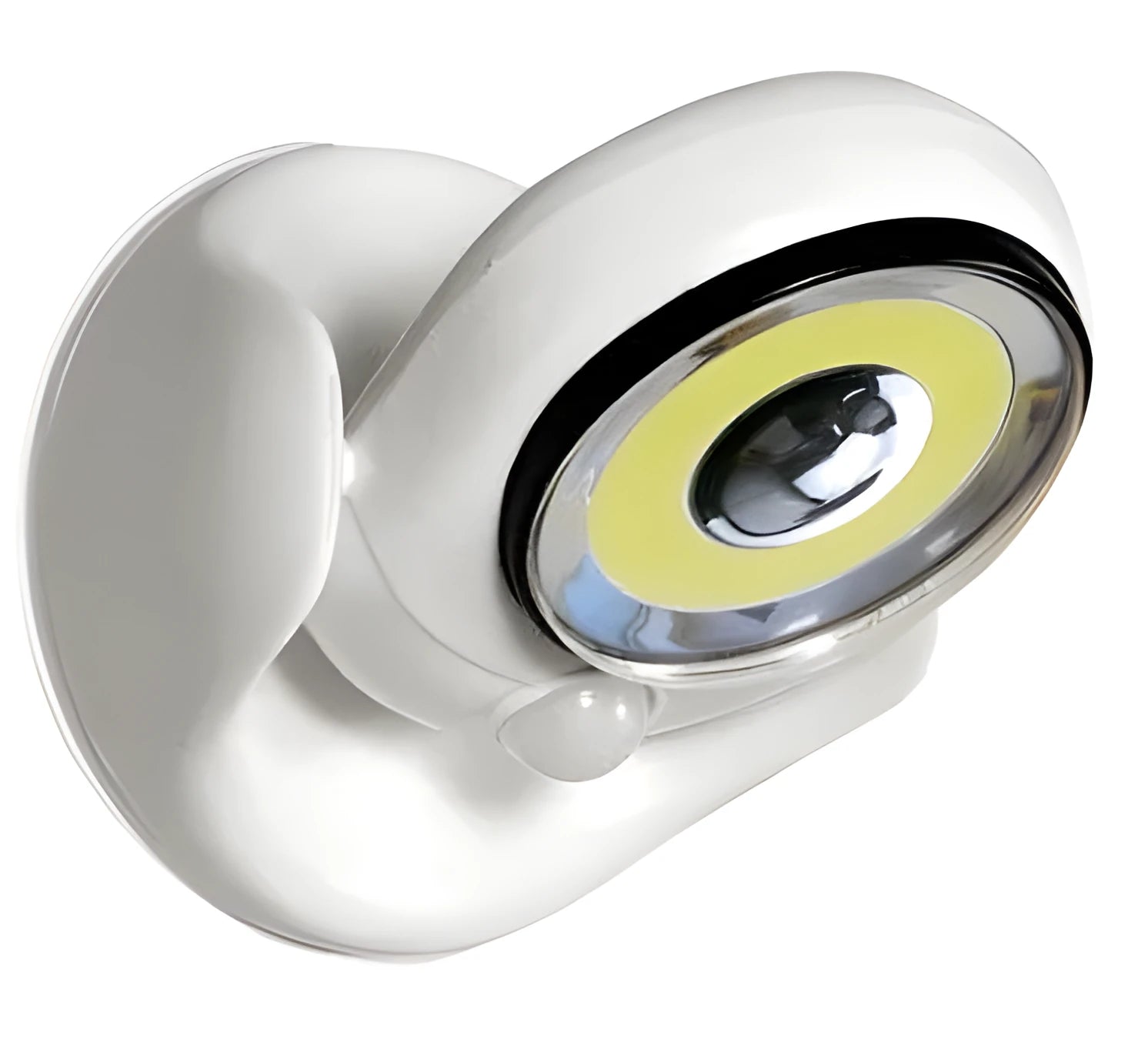 White Atomic Angel induction desk lamp with compact ABS plastic housing on a desk.