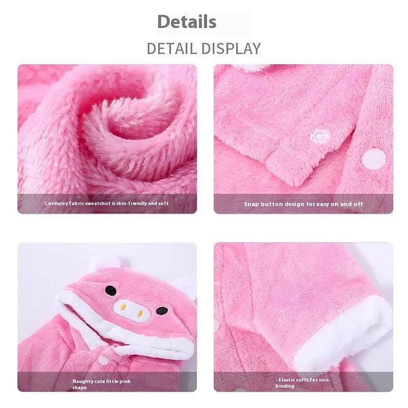 Fleece-lined thermal coral fleece pig pet costume for cats and small dogs, cartoon style, available in six sizes