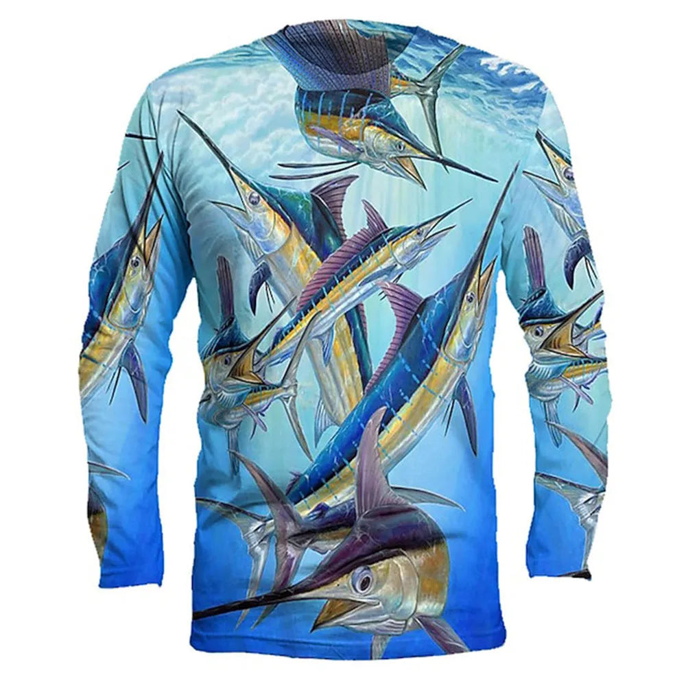 Men's grey round neck long sleeve pullover top featuring a printed colourful fish design.