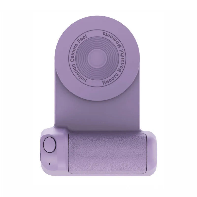Black magnetic phone camera handle with rotatable design and PU leather grip on wooden table