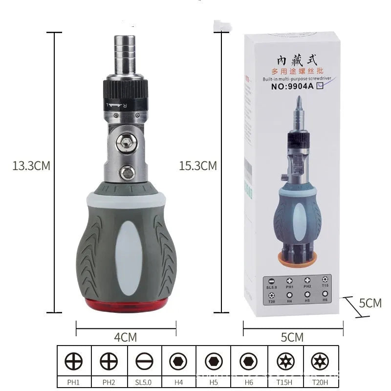 Multi-angle ratchet screwdriver set with chrome vanadium steel bits and red background extension rod