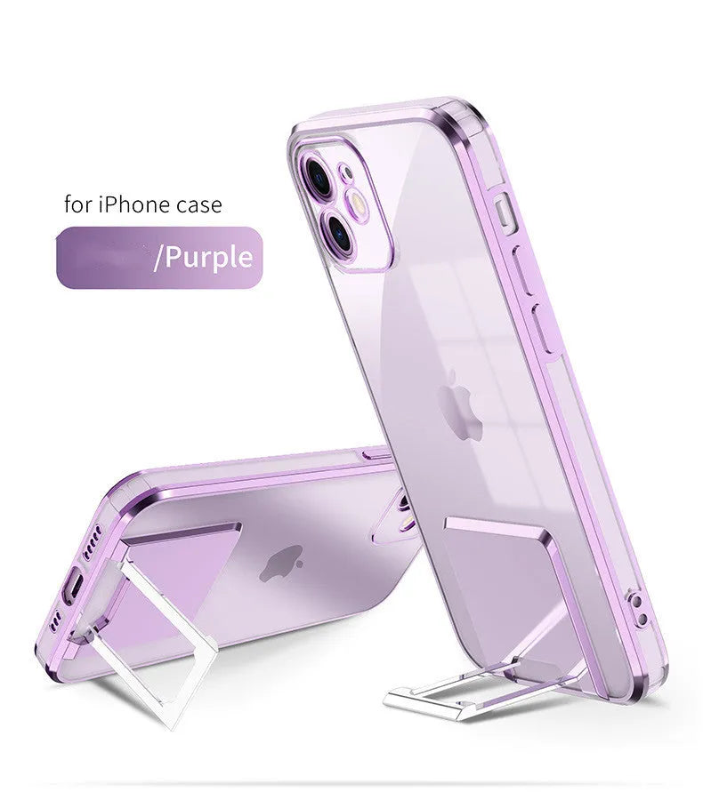 Transparent TPU bracket phone case with electroplating finish in blue, for iPhone 12 Pro Max