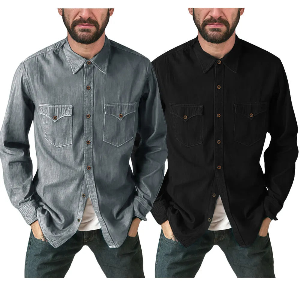 Men's cotton denim cardigan coat shown in khaki, black, blue, and grey colour options.