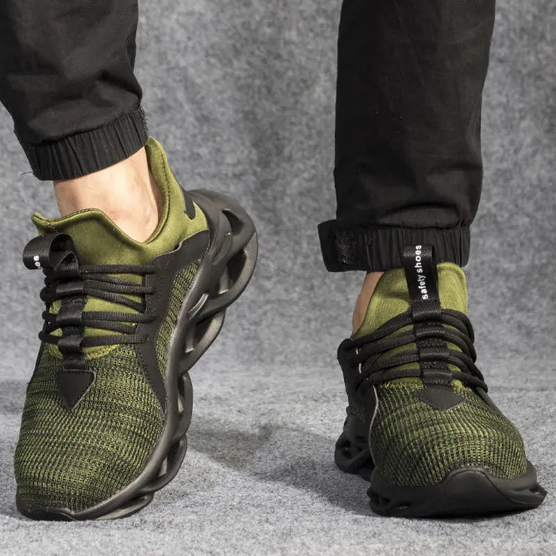 Men's anti-puncture safety sneakers with steel toe, lace up, black, breathable fly woven upper and EVA sole