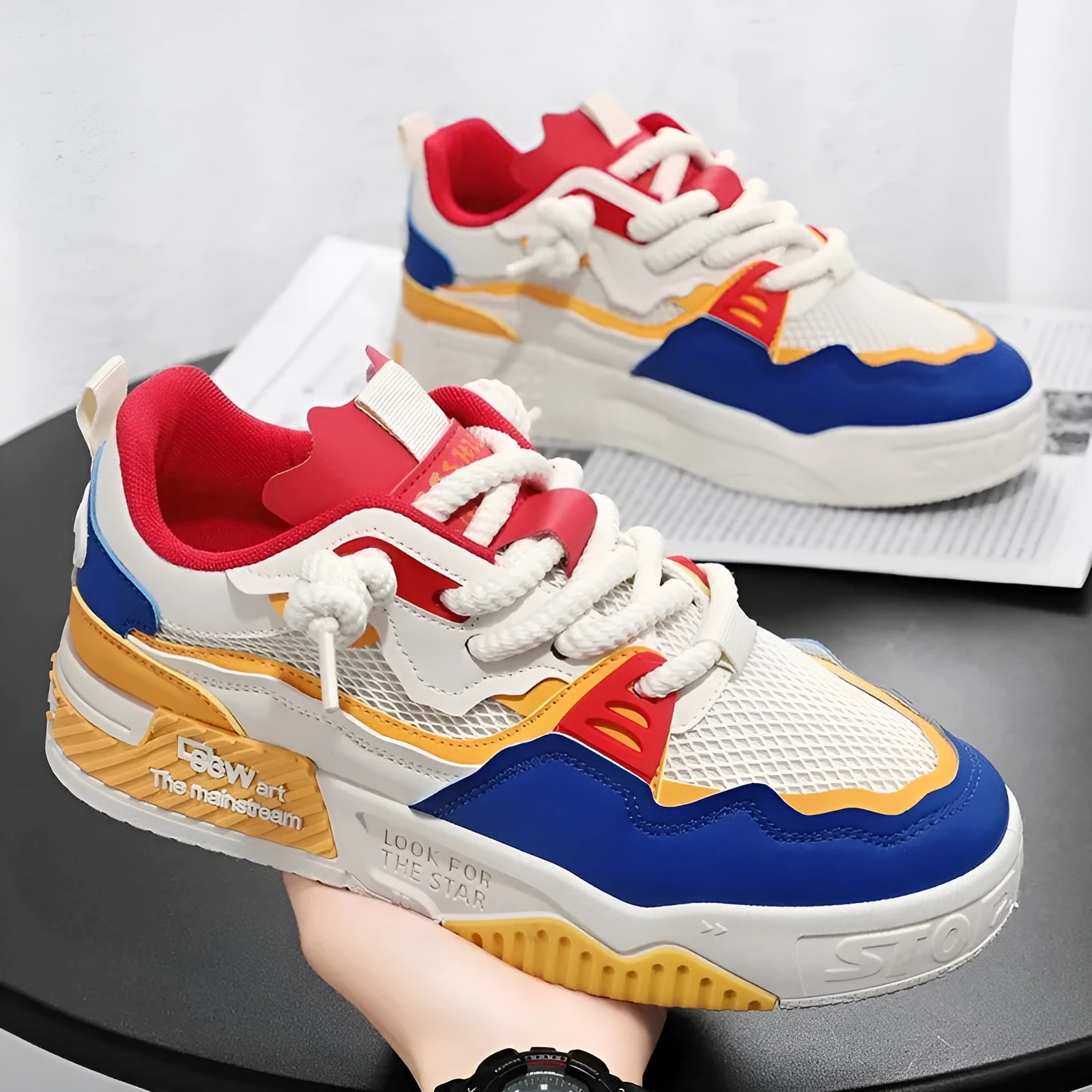 Men's low-top board shoes in white and yellow, white and black, and beige colour-matching designs with rubber soles