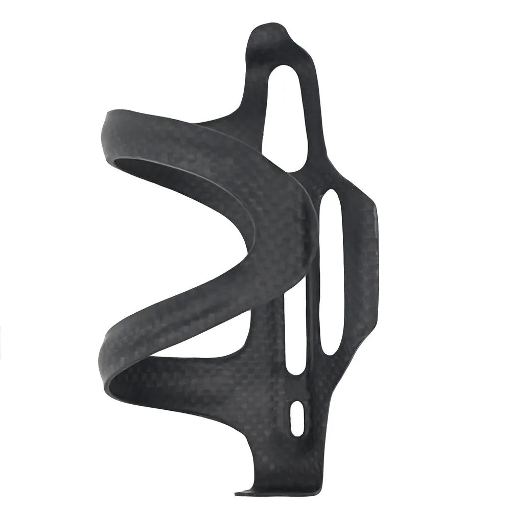 Black carbon fibre bicycle water bottle cage showing mounting holes and bottle retention shape.