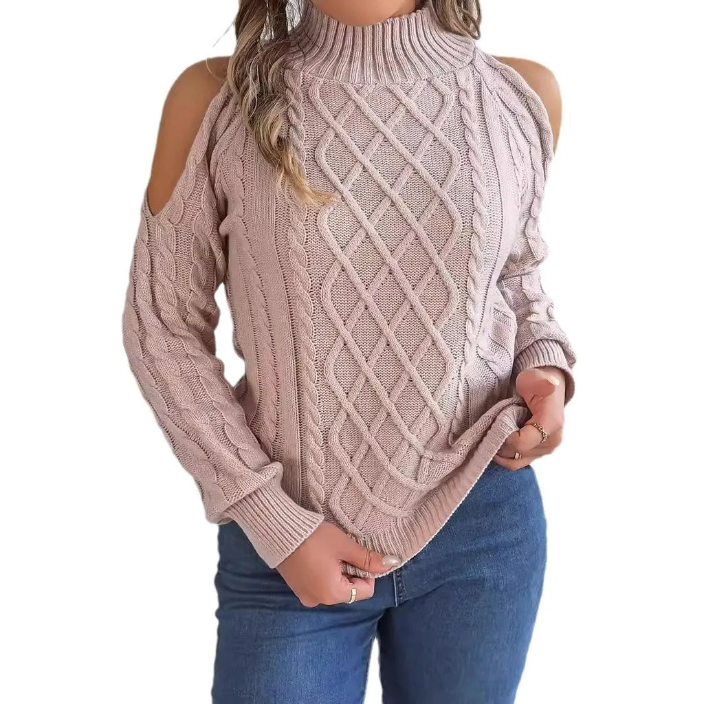 Women's acrylic sweater with twist design, strapless half-high collar, and lantern long sleeves in multiple colours