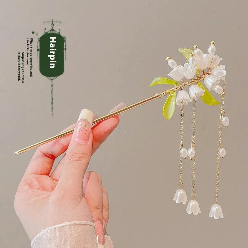 Chinese style ebony hairpin with electroplated alloy and floral ancient design