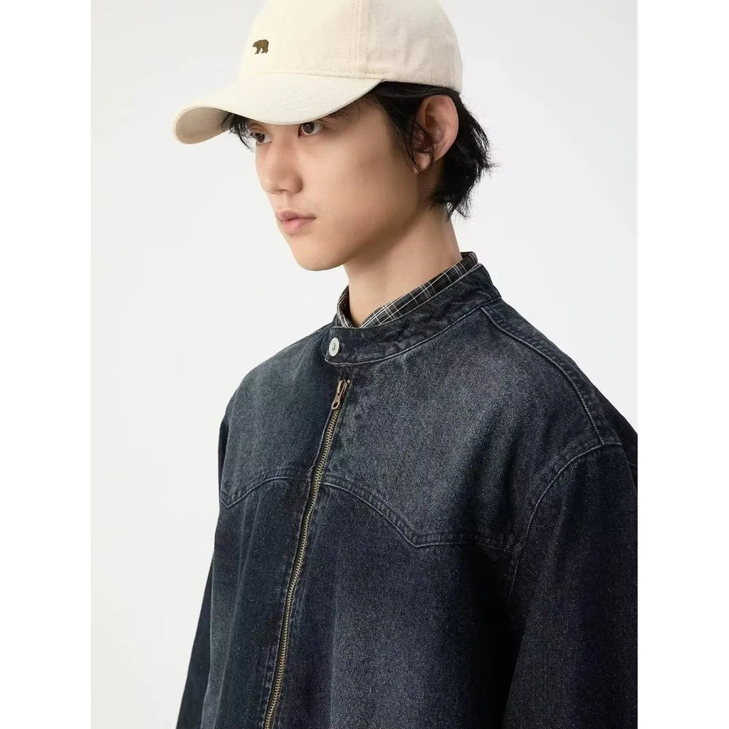 Men's washed vintage denim jacket dark blue long sleeves straight hem polyester