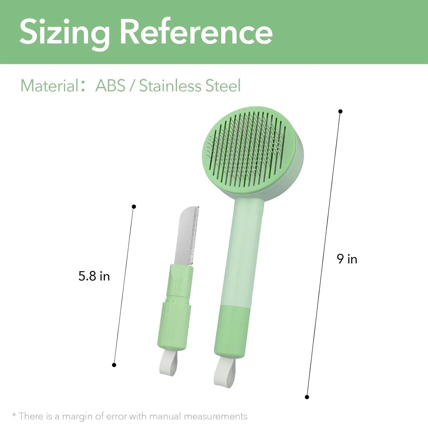 Green and yellow 2-in-1 pet grooming brush with stainless steel teeth and a hanging loop for storage.