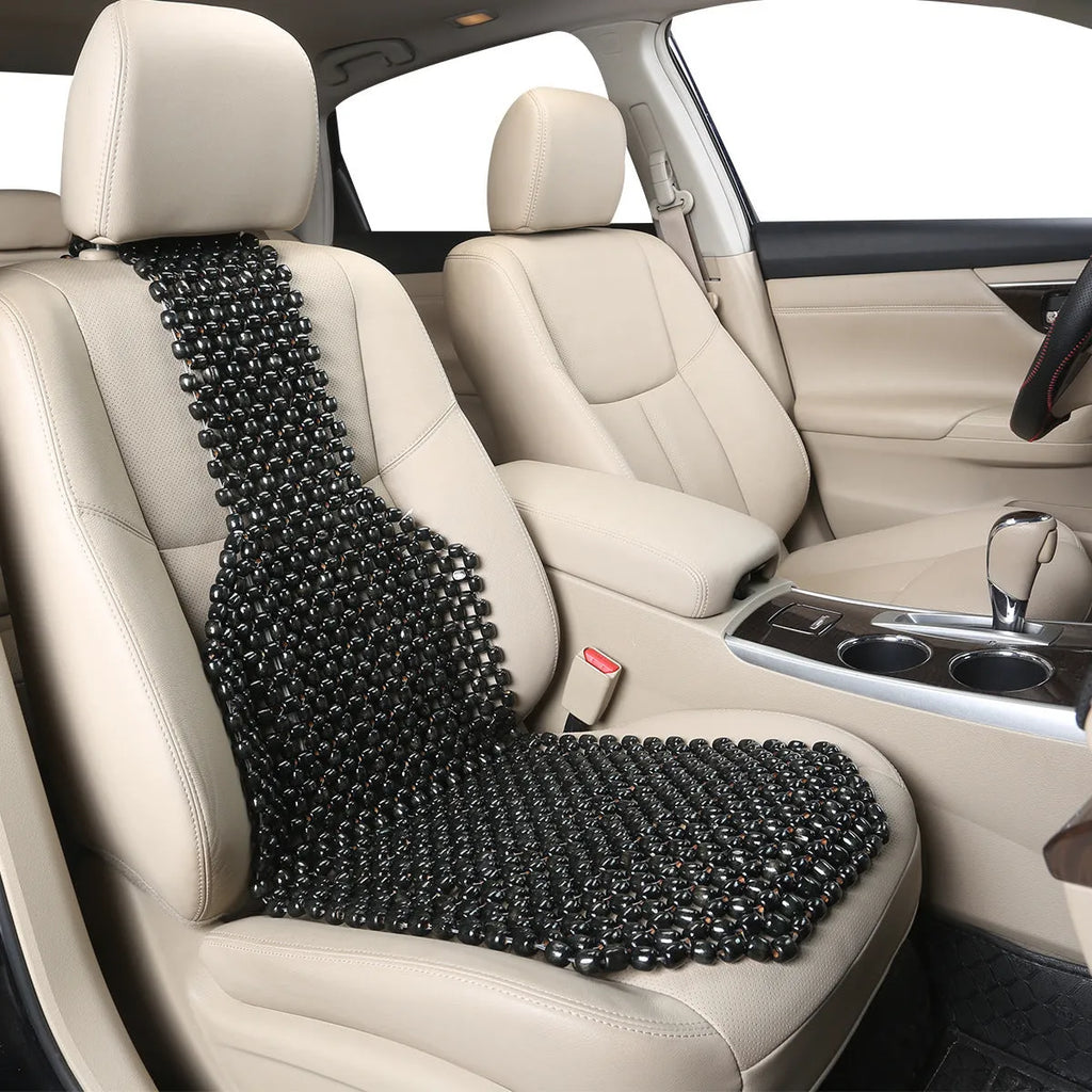 Beige and black car seat cushions with breathable mesh fabric and elastic strap fastening
