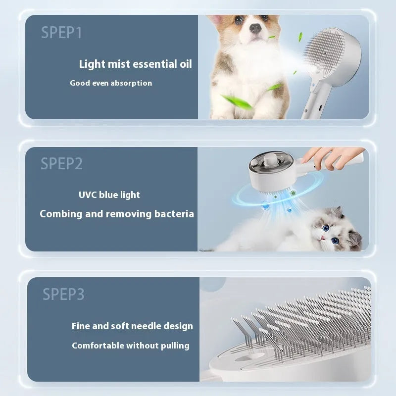Ceramic white pet grooming brush with UVC blue light, misting nozzle, and soft needles for dog and cat hair removal