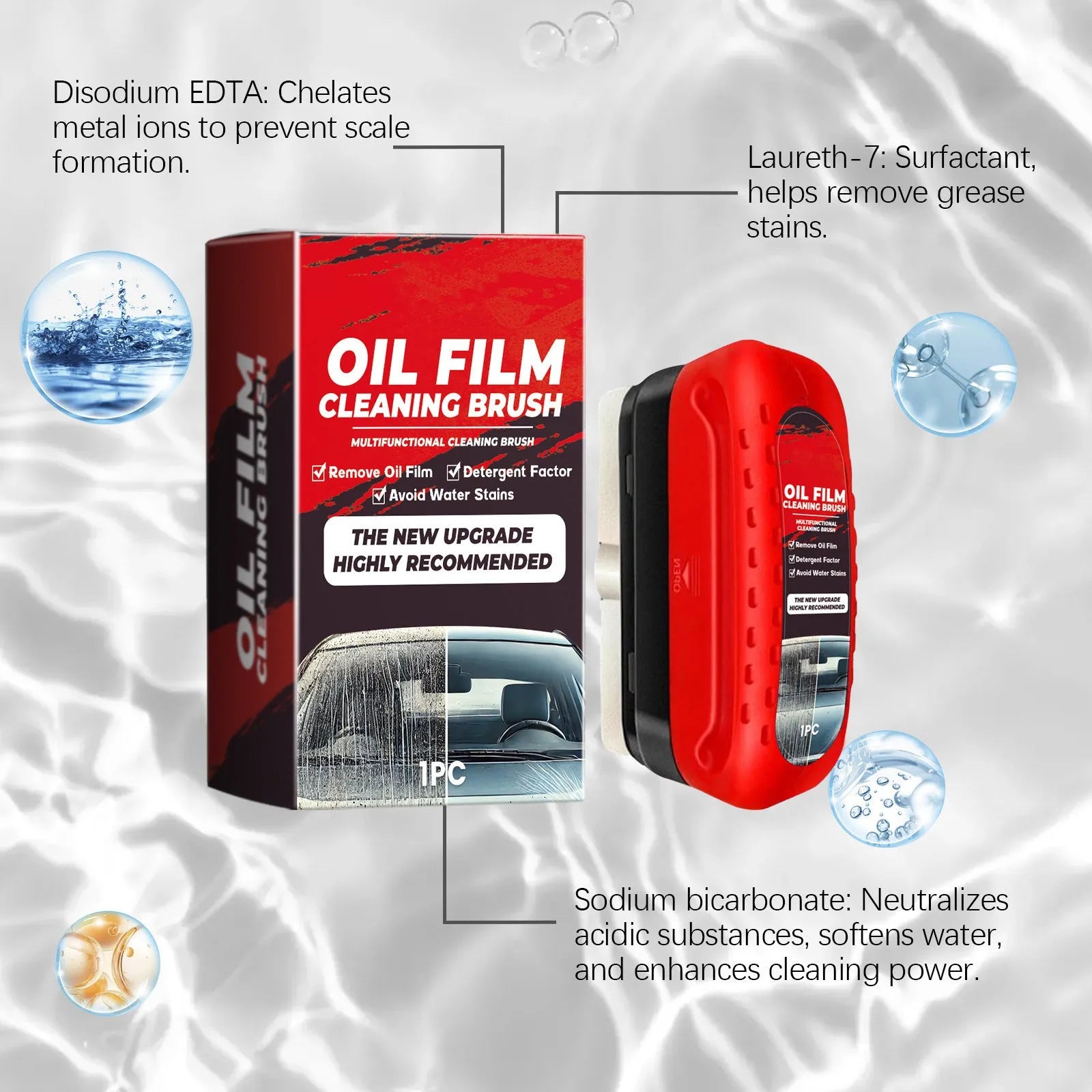 Car glass oil film cleaner with integrated liquid brush and reusable foam sprayer on a windshield