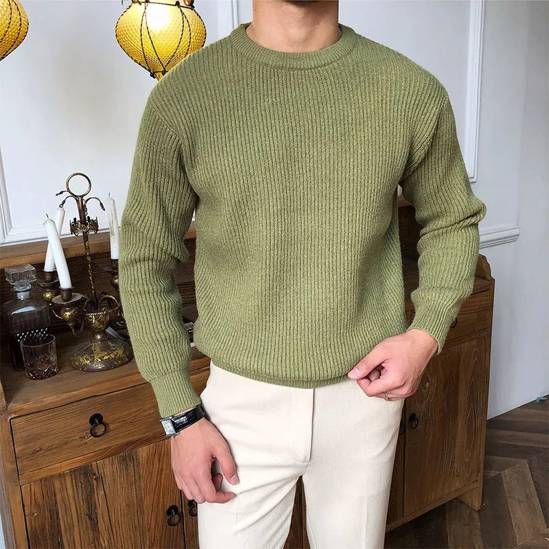 Men's fall winter loose fit knitted polyester pullover sweater in black, round neck, long sleeves