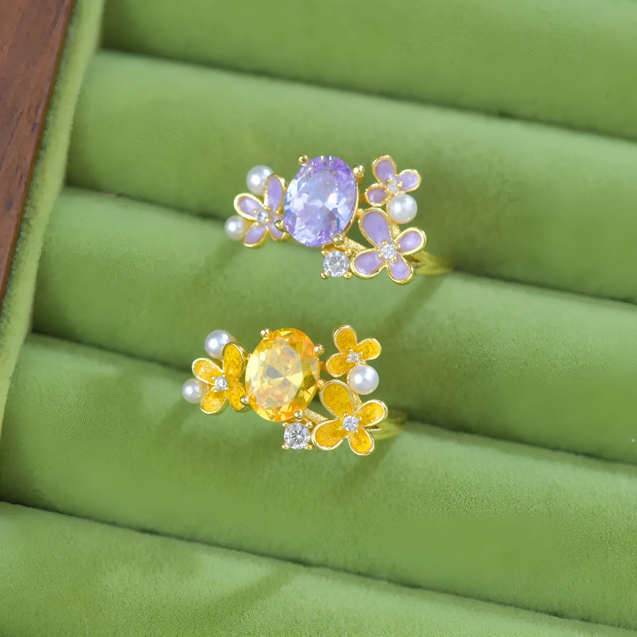 Flower pearl high-grade female zircon open ring in yellow copper metal sweet girl style