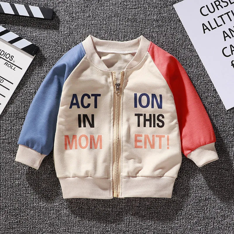 Children's Korean baseball jacket in beige with animal print, V-neck, long sleeves, non-hooded, on child.