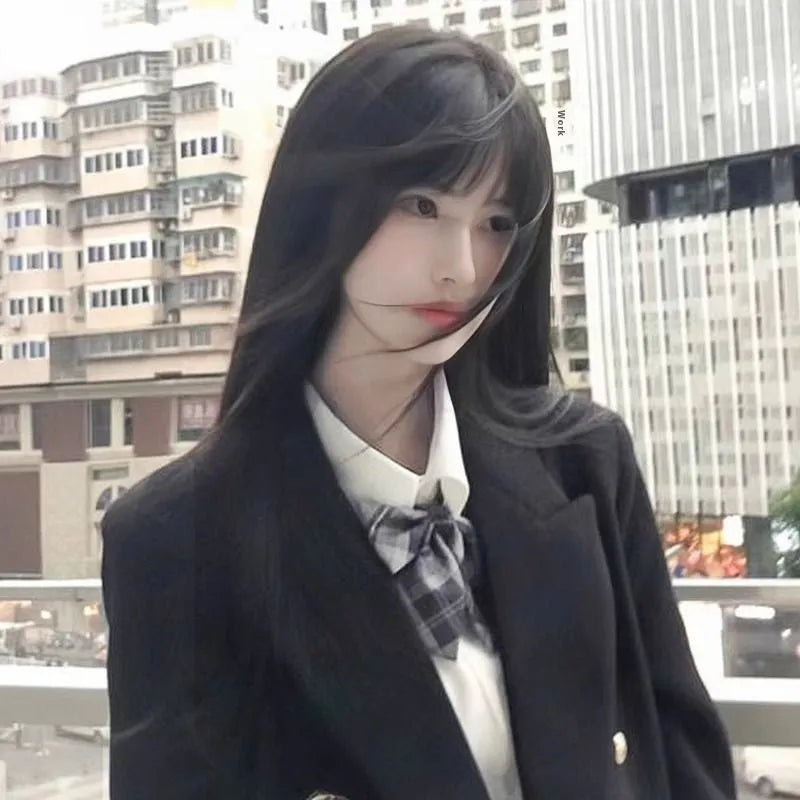 Straight black synthetic wig with fringe options and built-in headband for women
