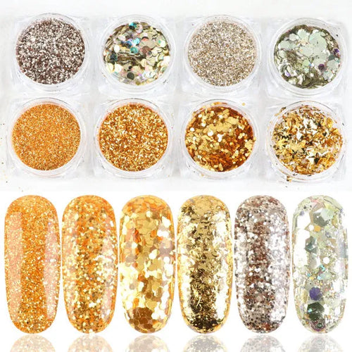 8 box mix glitter nail art powder flakes set with hexagon holographic iridescent sugar colours