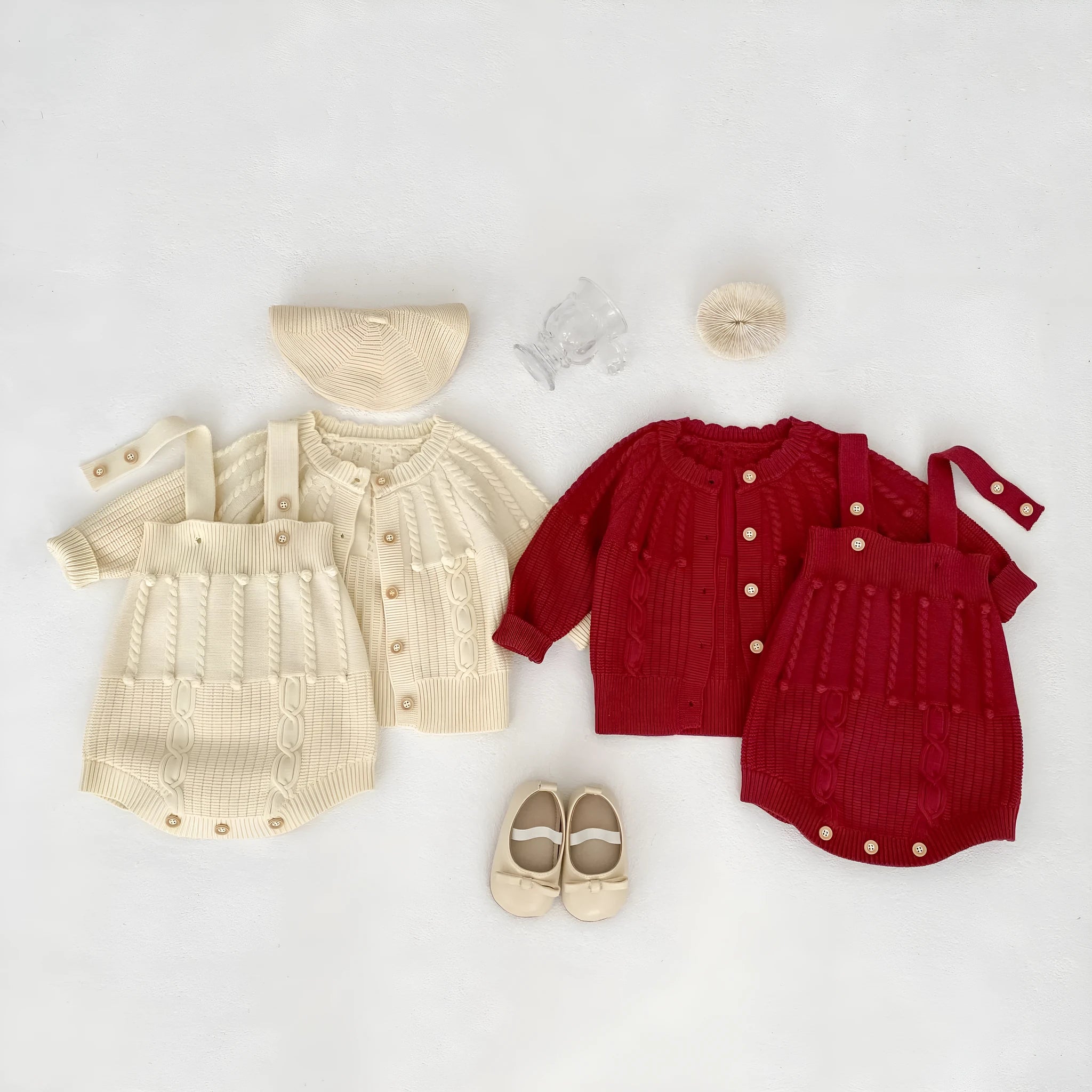 Infant women's hand-hook bubble ball knit romper and coat set in grape red, long sleeve, solid colour viscose