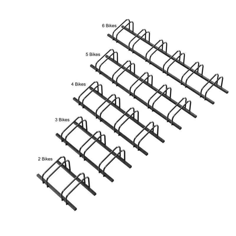 Black metal bicycle parking rack with four card positions holding bicycles upright