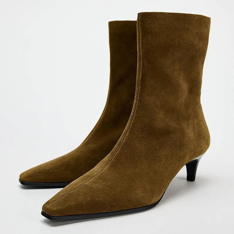 Women's square toe kitten heel booties with side zip closure in black or brown with waterproof platform sole
