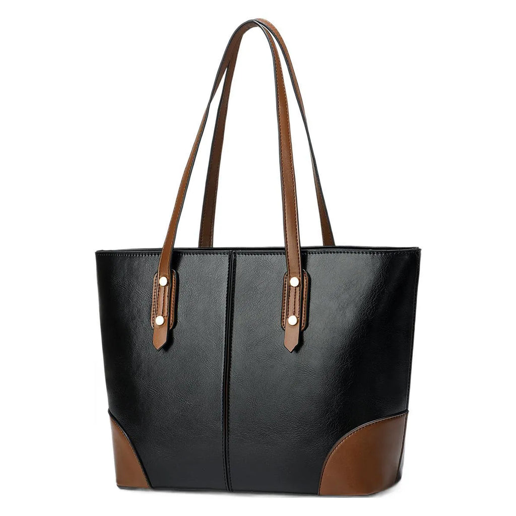 Large horizontal tote bag in beige PU with stitching detail, single shoulder strap, and inner pocket layout