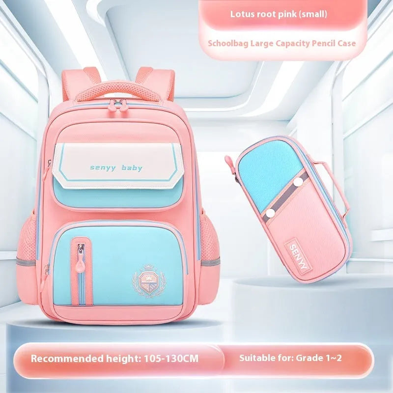 Children's spine protector backpack in blue, made of water-repellent Oxford cloth, size 38x30x15cm