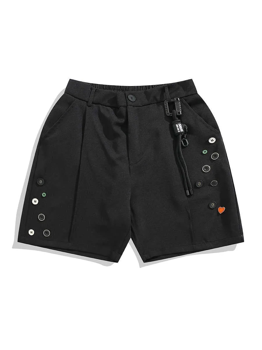 Black loose-fitting semi-elastic men's shorts with a colour button and zip fly